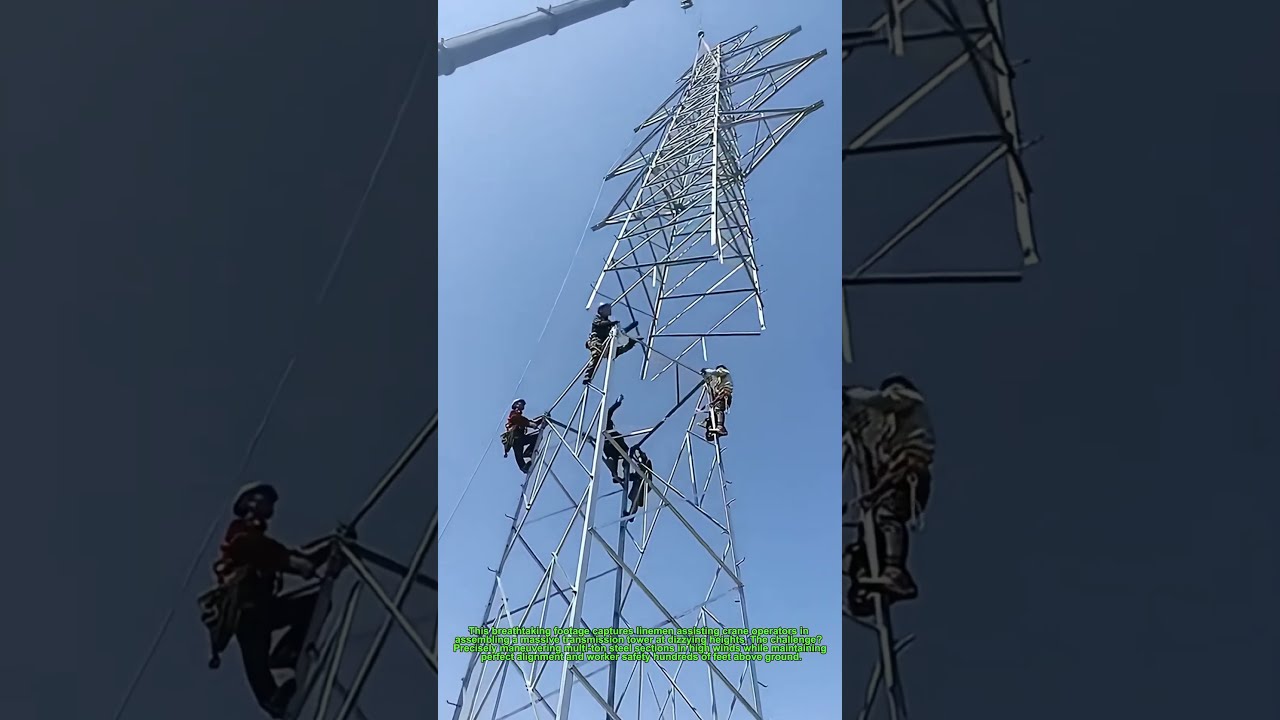 Transmission Tower Assembly Aerial Structural Installation High Altitude Power Line Construction