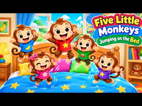 "🎶 5 Little Monkeys Jumping on the Bed – Catchy Kids Nursery Rhyme Fun! 🐒🎉" 