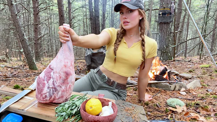 Juicy Whole Leg of Lamb cooked on campfire solo in...