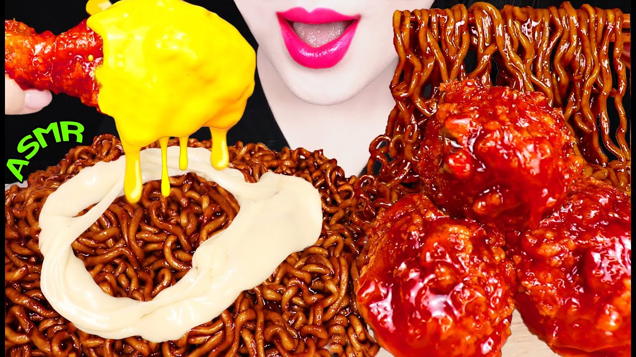 ASMR MOZZARELLA BLACK BEAN NOODLES, FRIED CHICKEN, CHEESE SAUCE 치즈 짜파게티, 양념 치킨 치즈소스 먹방 EATING SOUNDS