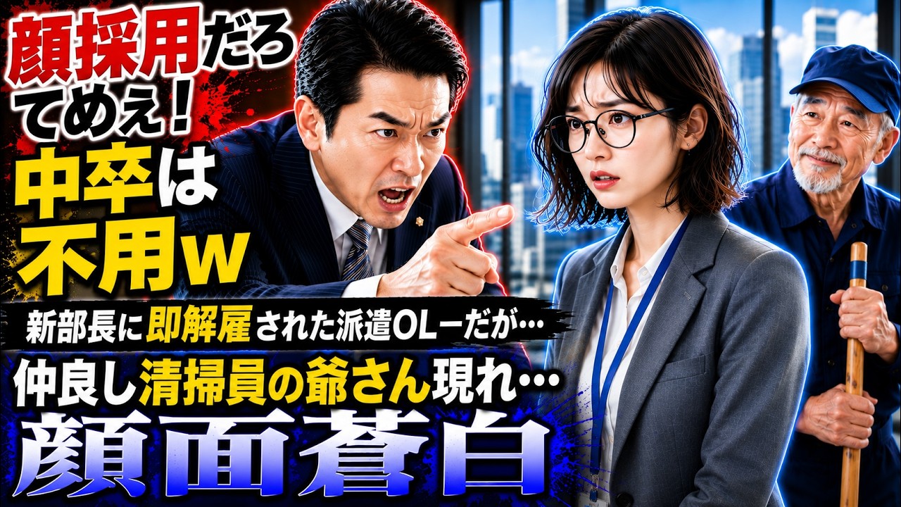 私は27歳、派遣社員として入社して3週間。今日、部長に呼び出されて言われた。「顔採用だろ、てめえ。中卒は不要なんだよ。派遣のくせに3週間も無駄飯食いやがって。荷物まとめてとっとと出ていけ」。私は静かに「わかりました」と答えて部屋を出た。廊下の壁に手をつき、目の前が真っ暗になった。そんな私の隣に、清掃員の老人が立っていた。何も言わず、ただそこにいた。「大丈夫ですか？」その一言で、涙が止まらなく...