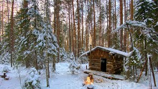 Cozy LOG CABIN: I'm hiding from the FROST and SNOWFALL in a log cabin. Off Grid Building.