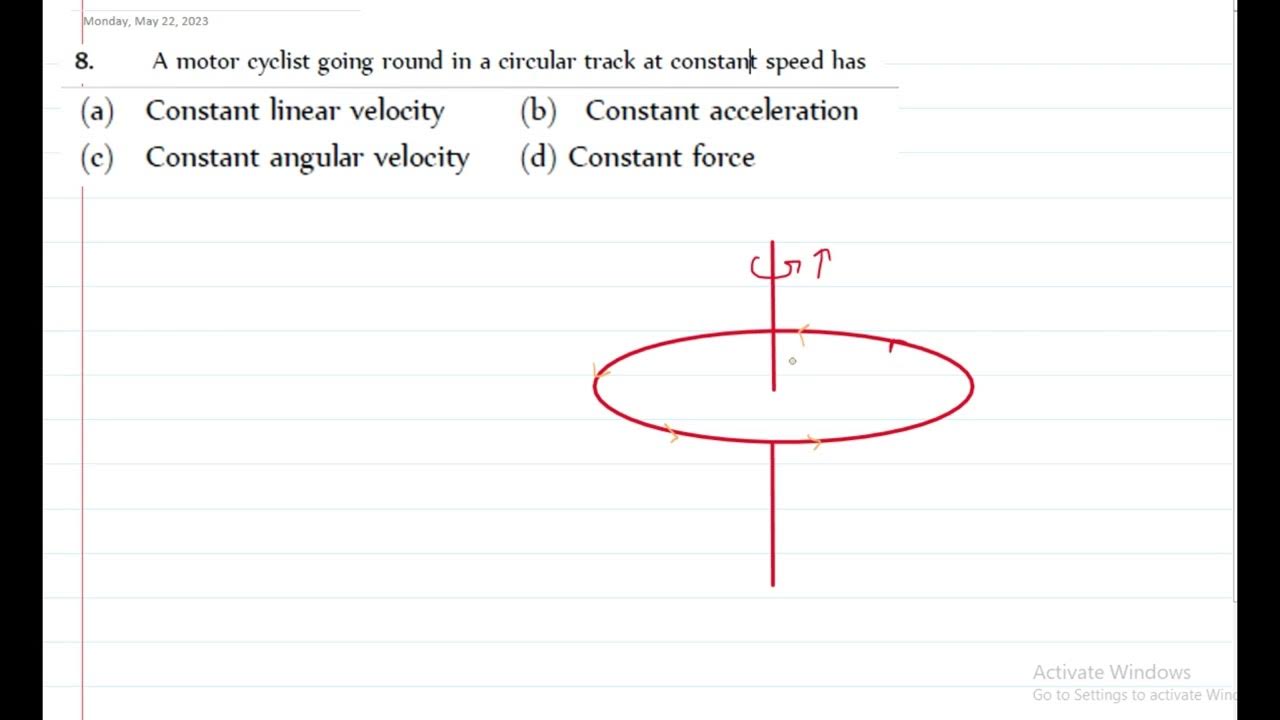 A motor cyclist going round in a circular track at constant speed has