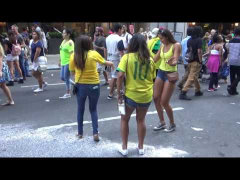 3 YOUNG BRAZILIAN GIRLS DANCING STREET SAMBA TAKING SELFIES AT BRAZIL DAY NYC