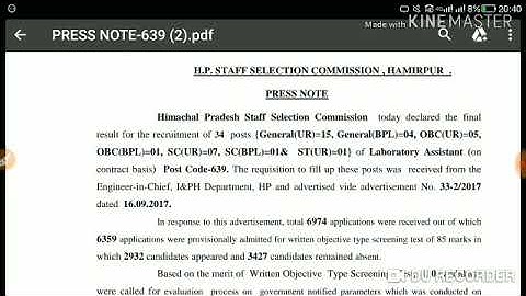 HPSSC Lab Assistant ( Post code - 639 ) Final Cut off Category Wise | Held on - 24 Oct 2018 |