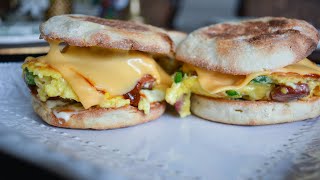 ENGLISH MUFFIN BREAKFAST SANDWICH - Eggs, Cheese, Jalapeños and Sausage