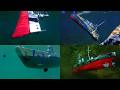 Cardboard ship sinking, models of battleship, destroyer, Uboat sinking after a naval battle of WWII