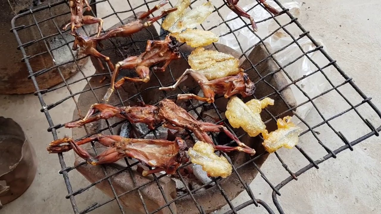 Rural Cambodia food 2019 - Durian, Grill Dried Frog, Fried River Shrimp, and Fish Meat - YouTube