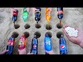 Experiment: Coca Cola, Fanta, Sprite, and other Sodas vs Mentos in different Holes Underground