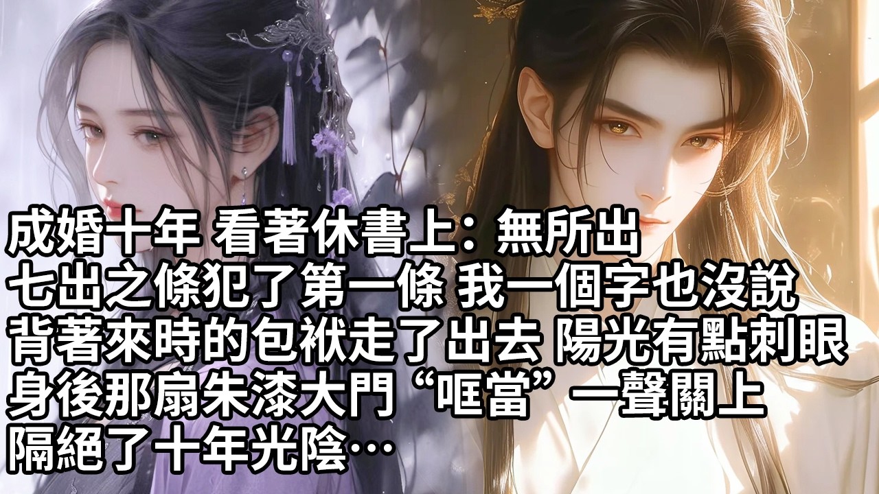 【一口氣看完】成婚十年 看著休書上：無所出七出之條犯了第一條 我一個字也沒說背著來時的包袱走了出去 陽光有點刺眼身後那扇朱漆大門“哐當”一聲關上隔絕了十年光陰…