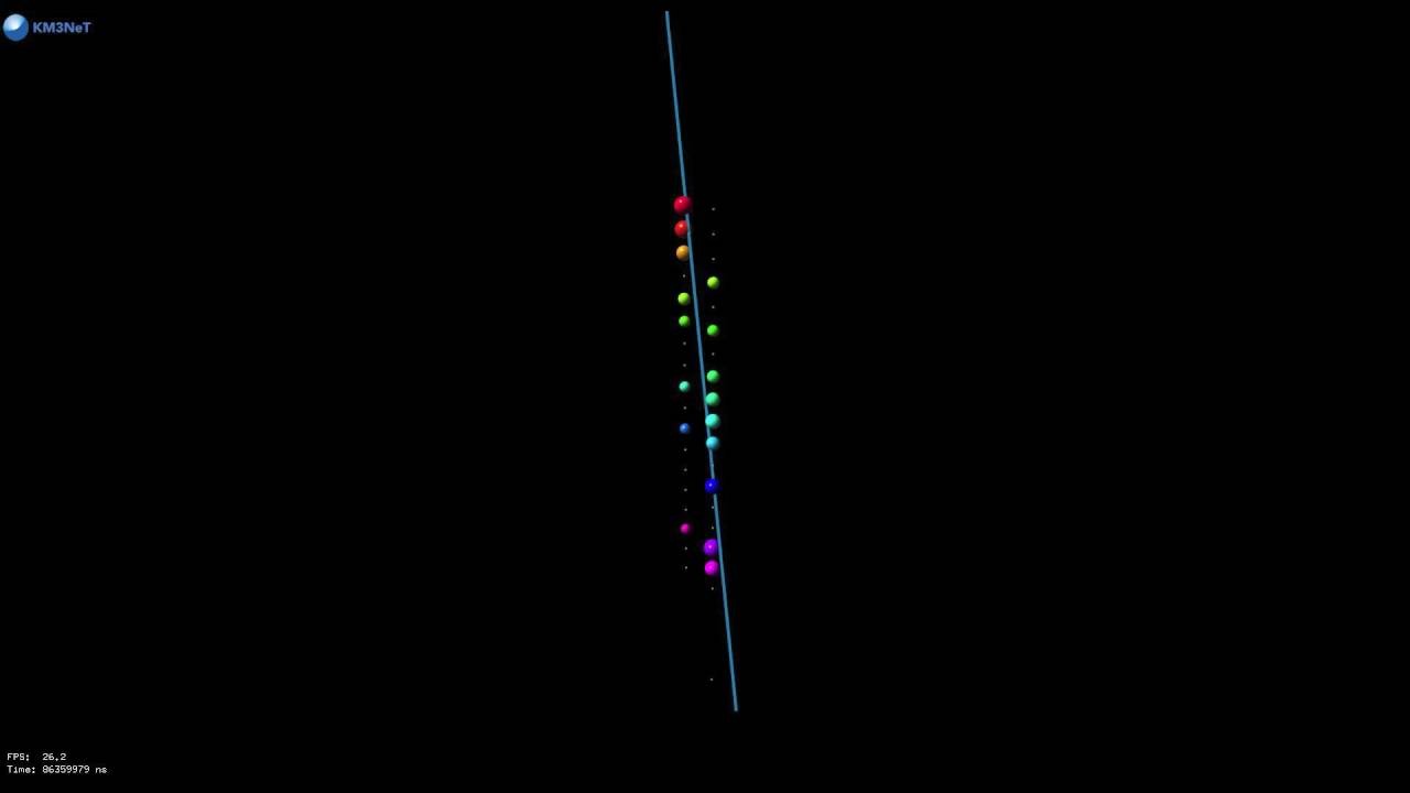 KM3NeT event display: atmospheric muon travelling downwards through the ARCA detector