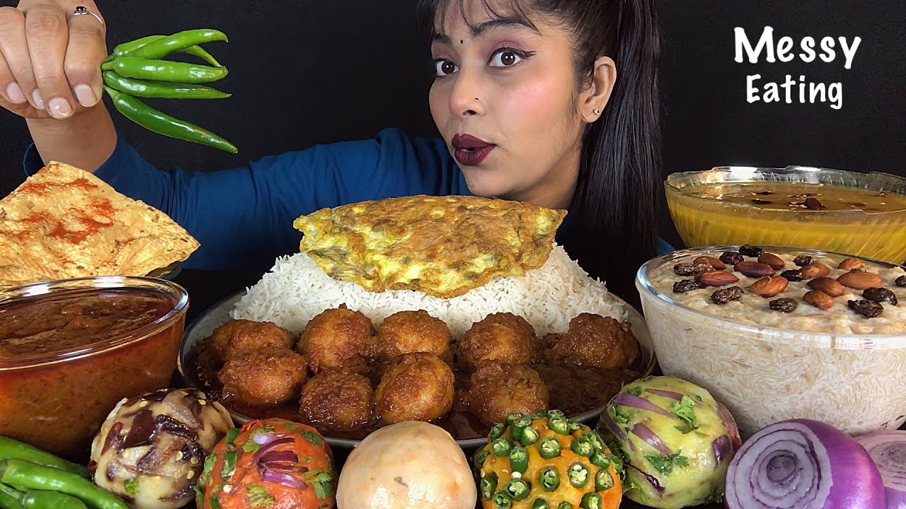 EATING BHAT DAL 5 TYPE BHARTA SEVAI OMELET ALOO DUM & PAPAD | ASMR EATING SHOW | BIG BITES MUKBANG