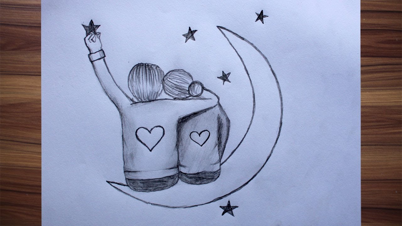 How to draw Romantic Couple sitting on the Moon, Pencil sketch step by  step