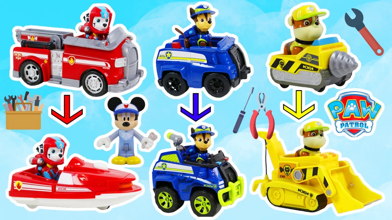 Щенячий патруль ремонтирует свои машинки в гараже Микки Мауса!