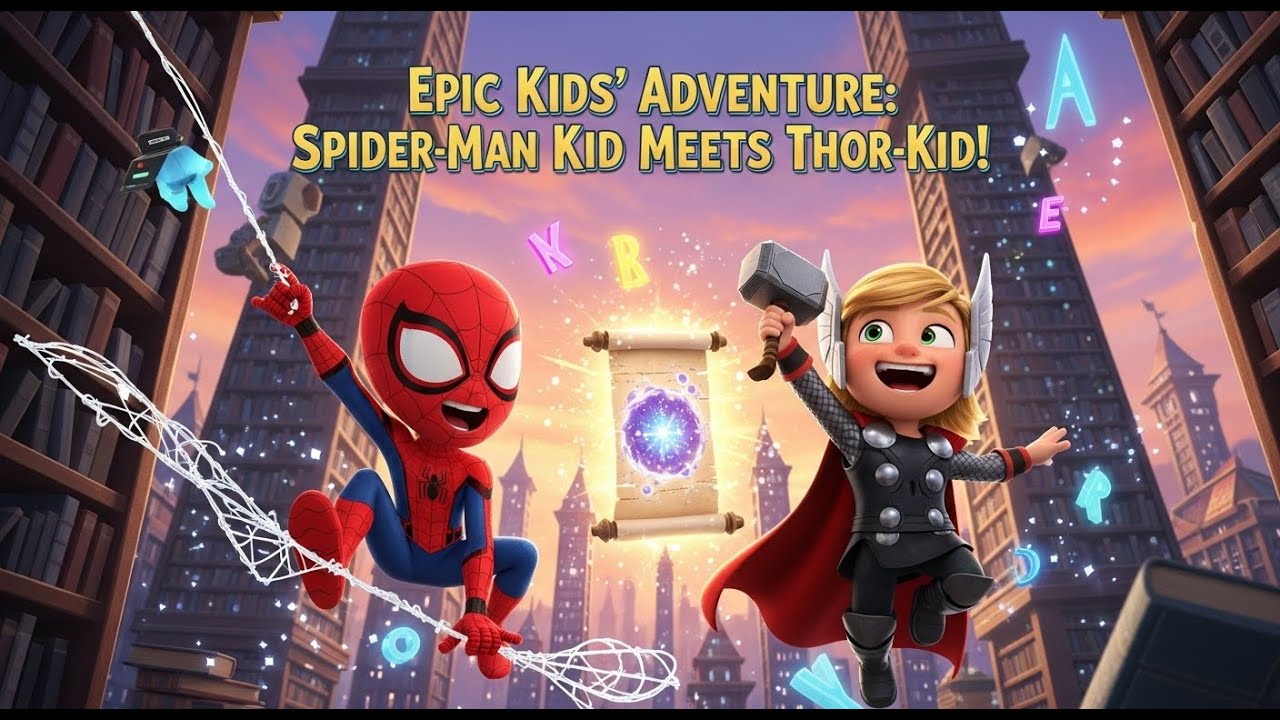 Cartoon Video for Kids - Spider-Man Kid and Thor-Kid Explore the Eternal Library