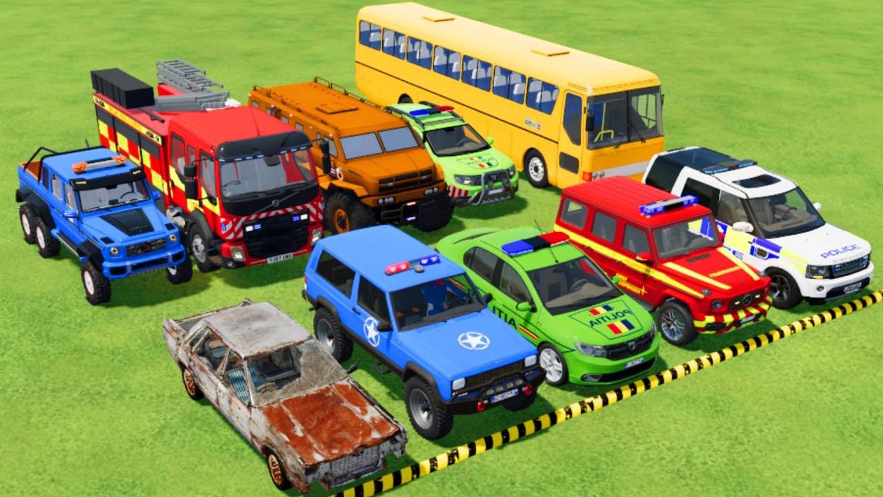 TRANSPORTING POLICE CARS, AMBULANCE, FIRE TRUCK, COLORFUL CARS WITH TRAIN -FARMING SIMULATOR 22!
