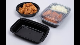 Asporto 26 oz Black Plastic 3 Compartment Food Container - with Clear Lid, Microwavable - 8 3/4 inch x 6 inch x 1 3/4 inch - 100 Count Box