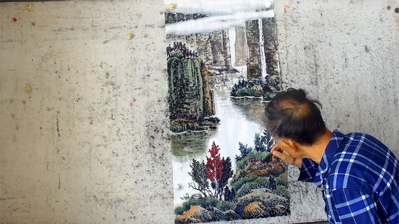 12月8日吴作成山水画，表现“两岸猿声啼不住，轻舟已过万重山”的意境