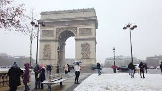 🇫🇷 Paris Snowfall 2021 - Arc de triomphe de l'Étoile , Avenue des Champs-Élysées 🌨️