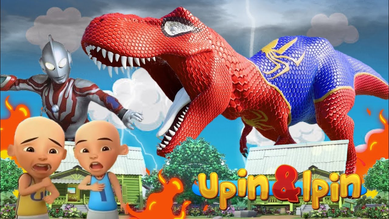 Upin Ipin dan Ultraman Ribut Melawan Dinosaurus Tirex Spiderman Rakus