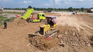 Best incredible Activity Project Landfill by Bulldozer D31P Pushing Soil Stone with many dumps truck