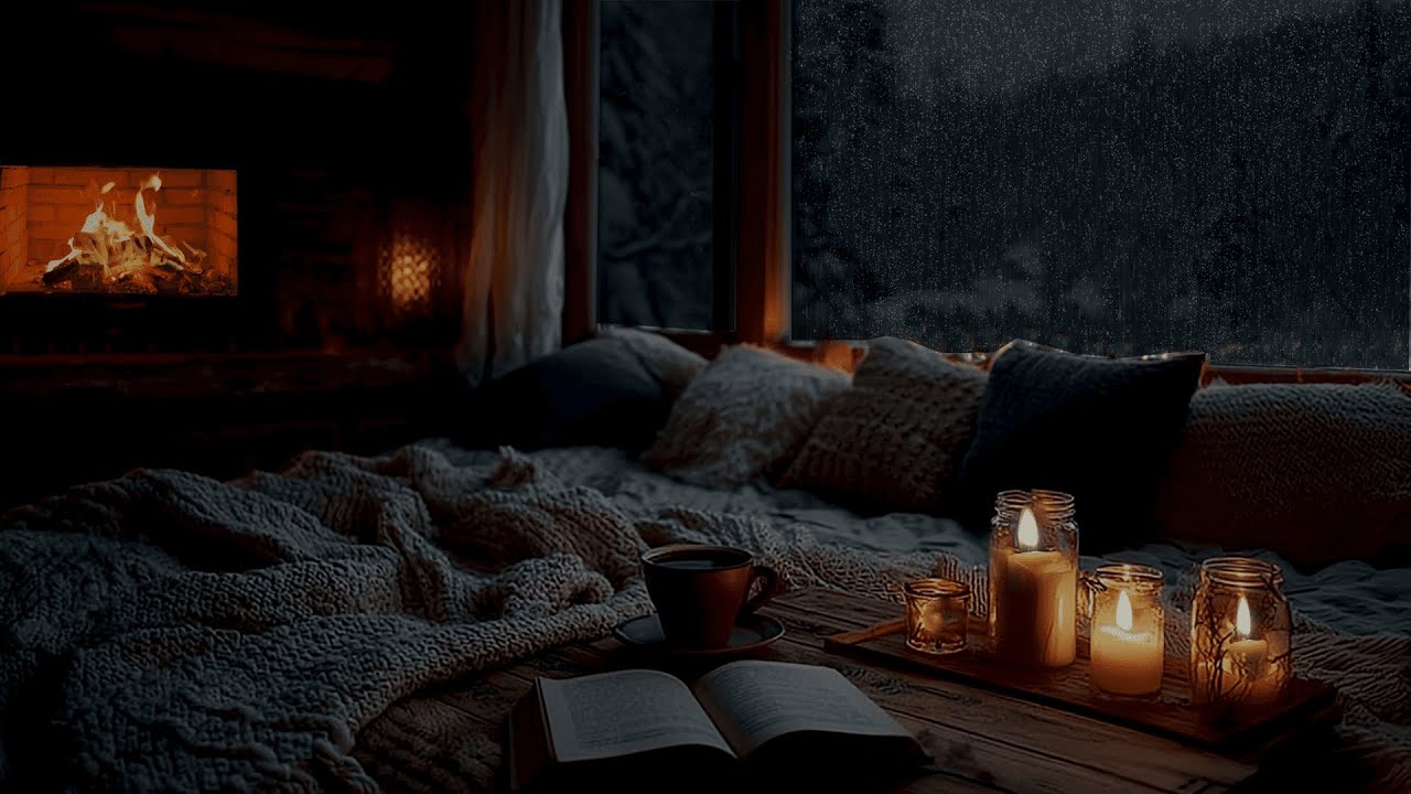 Thunderstorm at Night - Cozy Log Cabin Living Room, Fireplace & Sleeping Pets