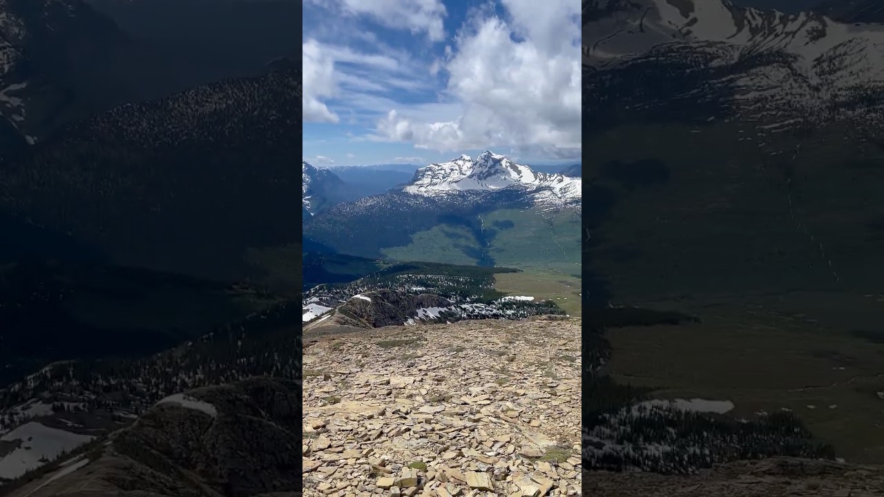 The peak of SwiftCurrent Mountain at Glacier NP with 360 degrees of snow-covered peaks to ourselves.