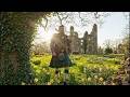 Scotsman Walking Wearing Kilt In Woodland On Spring History Visit To Yester Castle Scotland