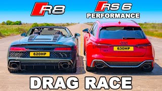 New Audi RS6 v Audi R8: DRAG RACE
