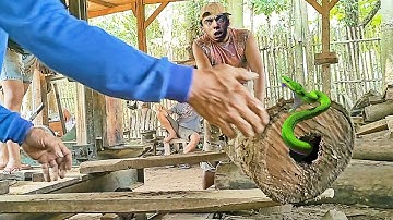 unexpected surprise when sawing an old teak log with a disturbing hole