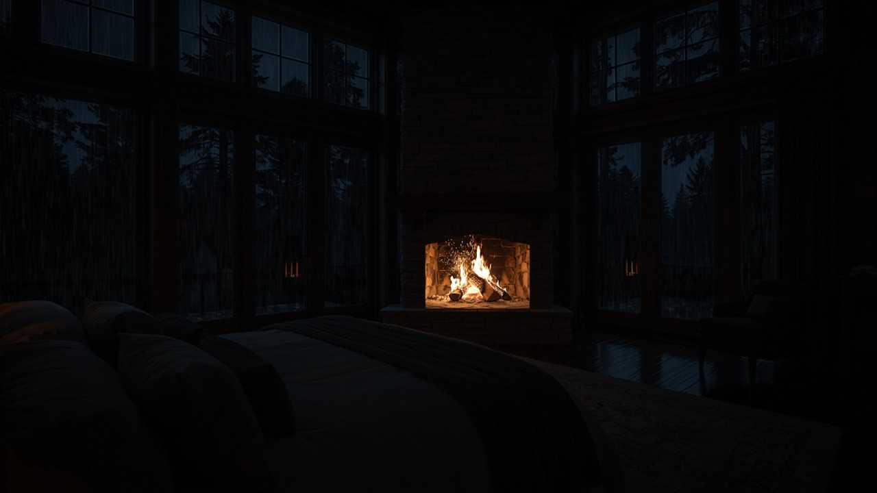 Cabin Night and Warm Fireplace | Peaceful Rainy Forest Cabin Sounds for Sleep & Relaxation