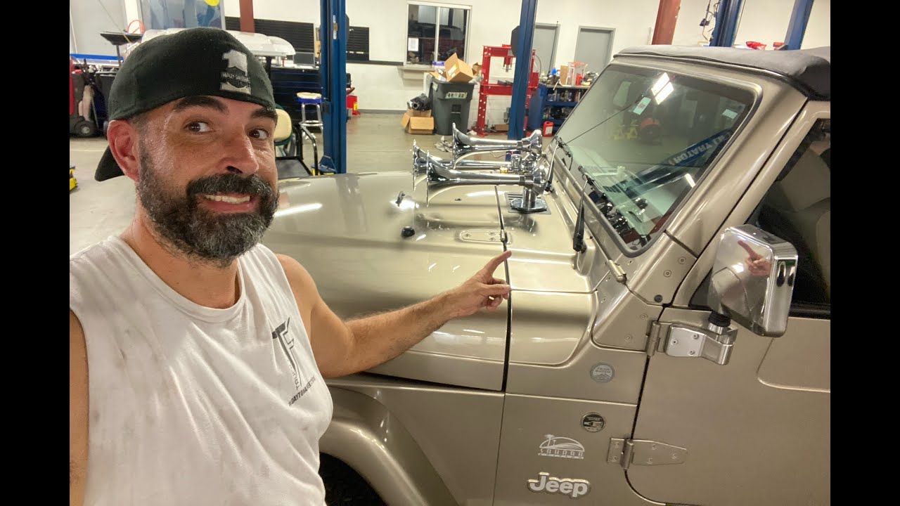 Installing train horns on a Jeep Wrangler TJ... People wont expect  this............ - YouTube