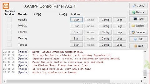 Error: Apache shutdown unexpectedly.