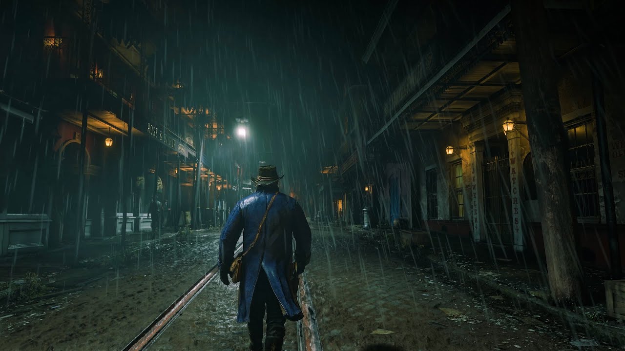 Relaxing Night Walk as Arthur Morgan | Rain & Thunderstorm Ambiance in Red Dead Redemption 2