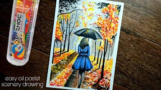 oil pastel drawing / Autumn scenery drawing / a rainy day drawing - step by step