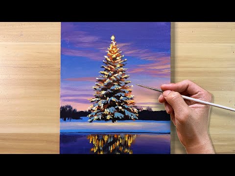 油彩画　Xmas tree Christmas tree with ribbons and bows oil painting 8x10 Print
