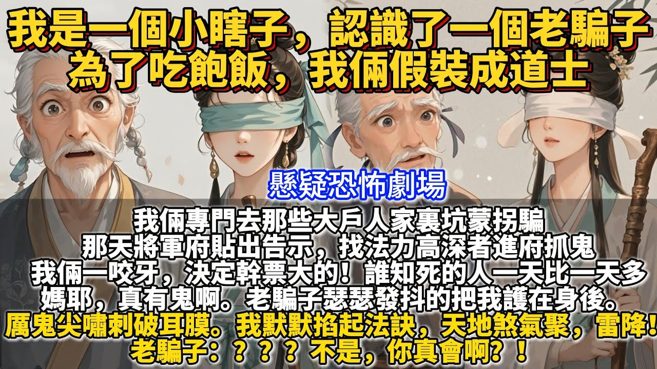 完結驚悚玄幻文：我是一個小瞎子，認識了一個老騙子，為了吃飽飯，我倆假裝成道士，專門去那些大戶人家裏坑蒙拐騙。 那天將軍府貼出告示，找法力高深者進府抓鬼。我倆一咬牙，決定幹票大的。誰知死的人一天比一天多