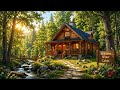 In the heart of a peaceful, sunlit forest, surrounded by tall green trees and the cheerful sounds 