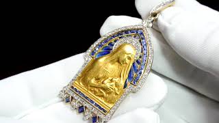 アンティークジュエリー　聖母マリアと幼子　メダイ　ペンダント　VERNON　カリブレカットサファイヤ　プリカジュールエナメル