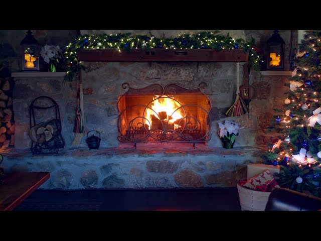 A Christmas Cabin Fireplace with Holiday Music
