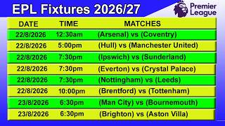 Premier League Fixtures 2026/27 | EPL Fixtures 2026/27