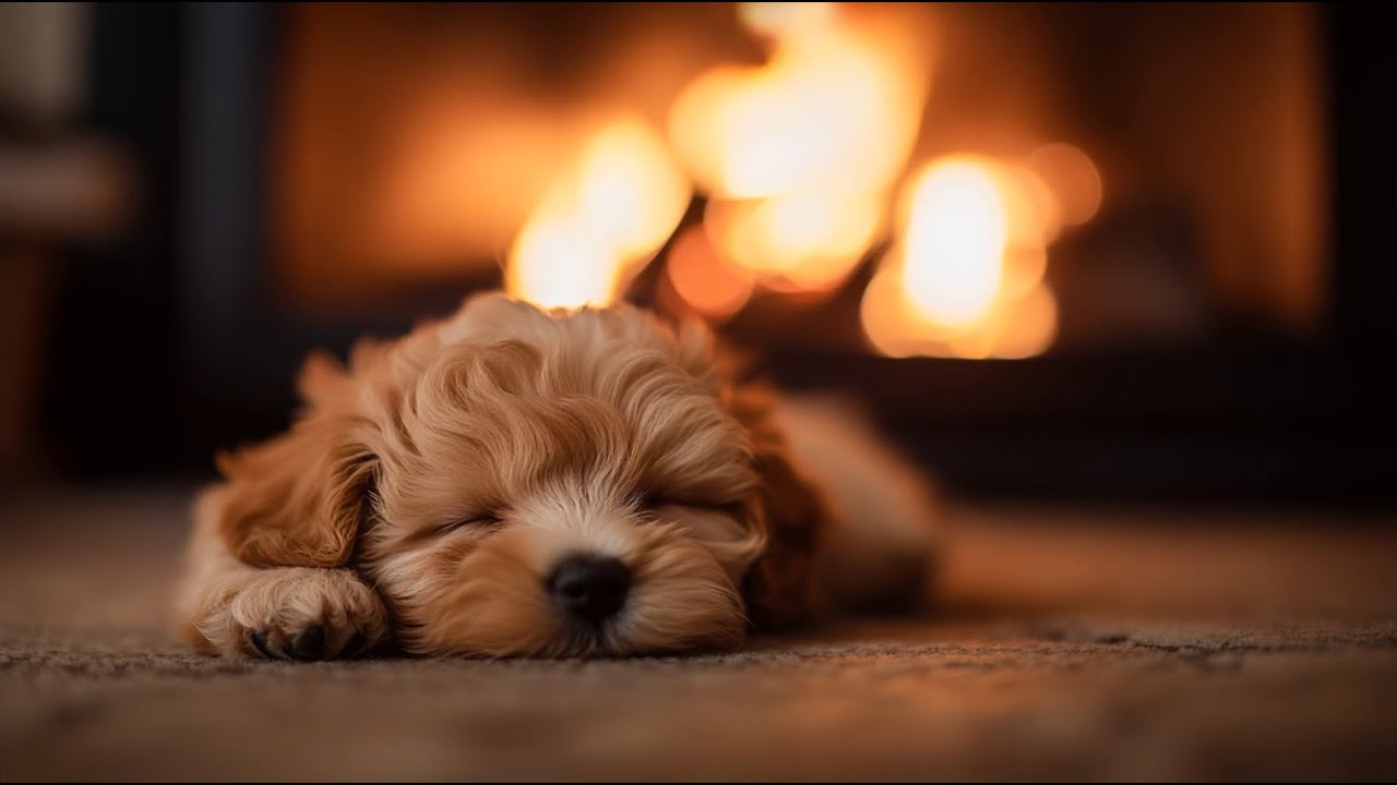 Relaxing Fireplace & Piano | Sleeping Goldendoodle Puppy | Soft Cozy Ambience for Calming & Relaxing