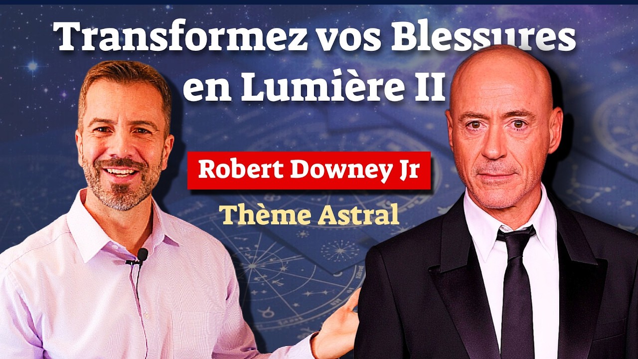 Portrait de Robert Downey Jr. avec des symboles astrologiques en arrière-plan