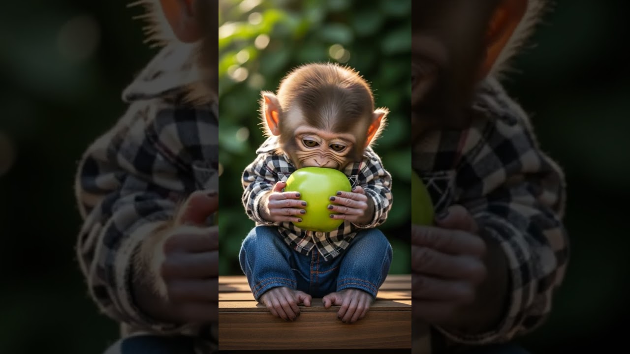 Cute Baby Monkey Eating Green Apple 🍏 | Adorable Snack Time 