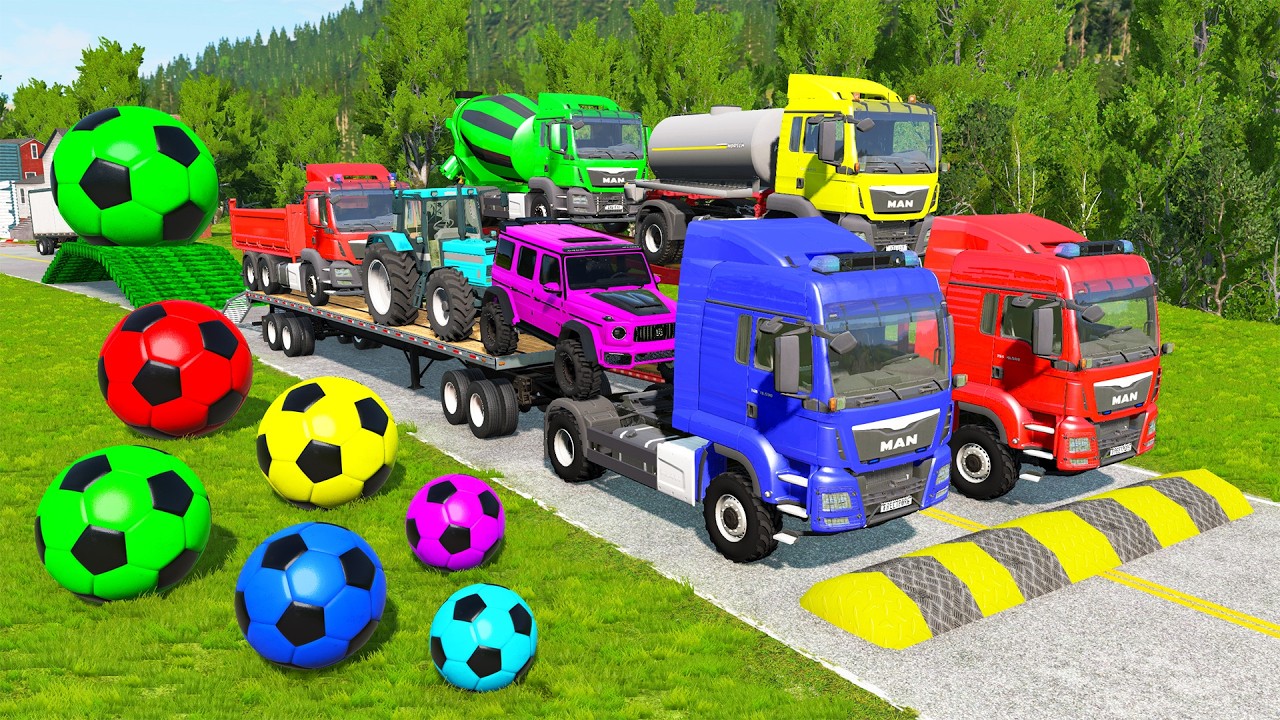 Flatbed Trailer McQueen Transportation with Truck - Speedbumps vs Cars vs Train - BeamNG.Drive #18