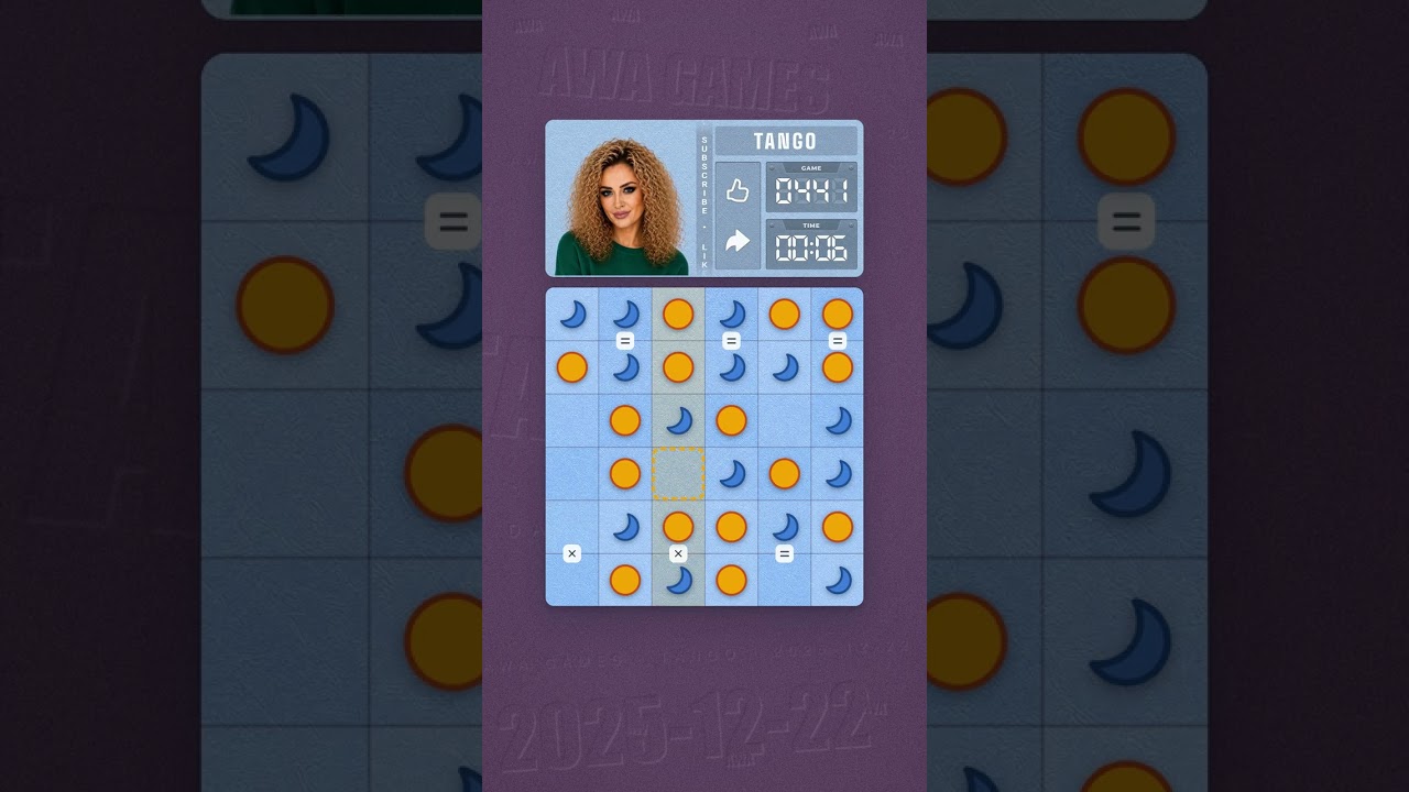 LinkedIn Tango #441 solved board for December 22, 2025, 6x6 grid