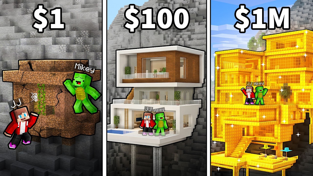 JJ and Mikey: From POOR To RICH Mountain Base in Minecraft - Maizen