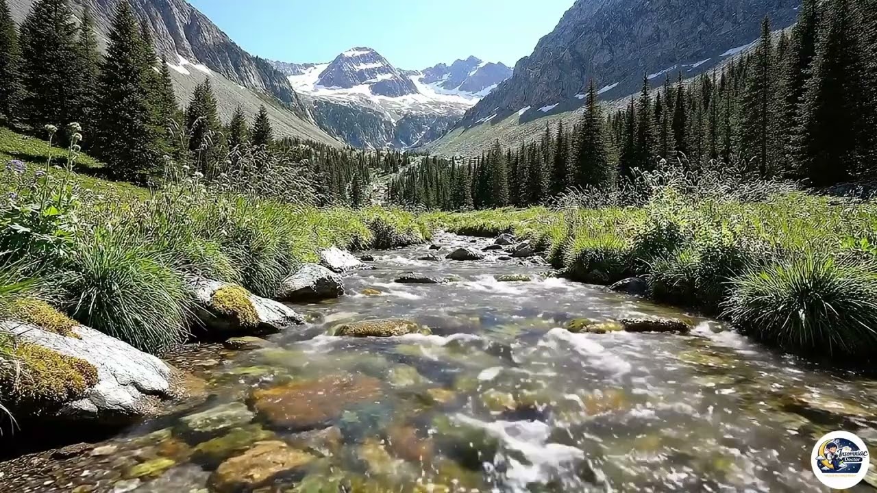 8 Hours Gentle River Flowing Through Mountains | Crystal Clear Water Sounds & Light Wind