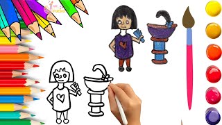 How To Draw cute Girl Hand Washing Drawing Painting Coloring For Kids and Toddlers - Child Art
