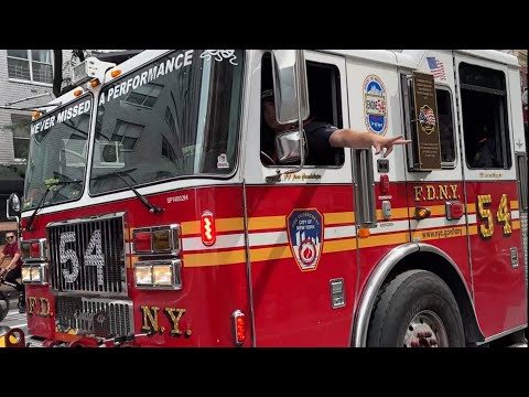 FDNY ENGINE 54 & FDNY LADDER 4 USING HEAVY AIRHORN WHILE RESPONDING URGENTLY ON 8TH AVENUE MANHATTAN